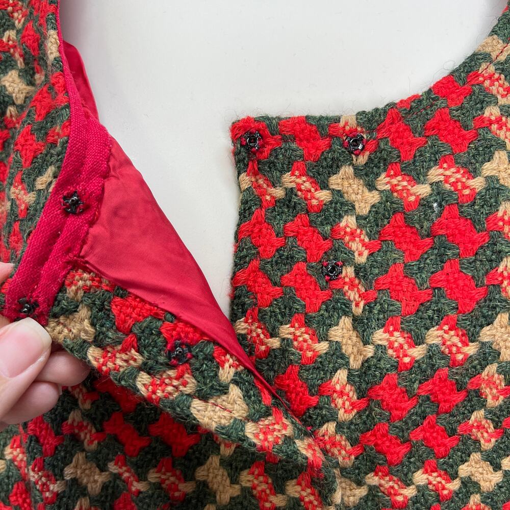 Vintage Handmade 2 Piece Outfit Pencil Skirt Cropped Vest Red Green Tweed M/L - Picture 5 of 10